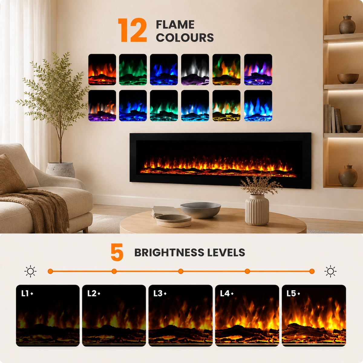 40/50/60 Inch Electric Fire with 12 Flame Colours & Remote Control — photo 6