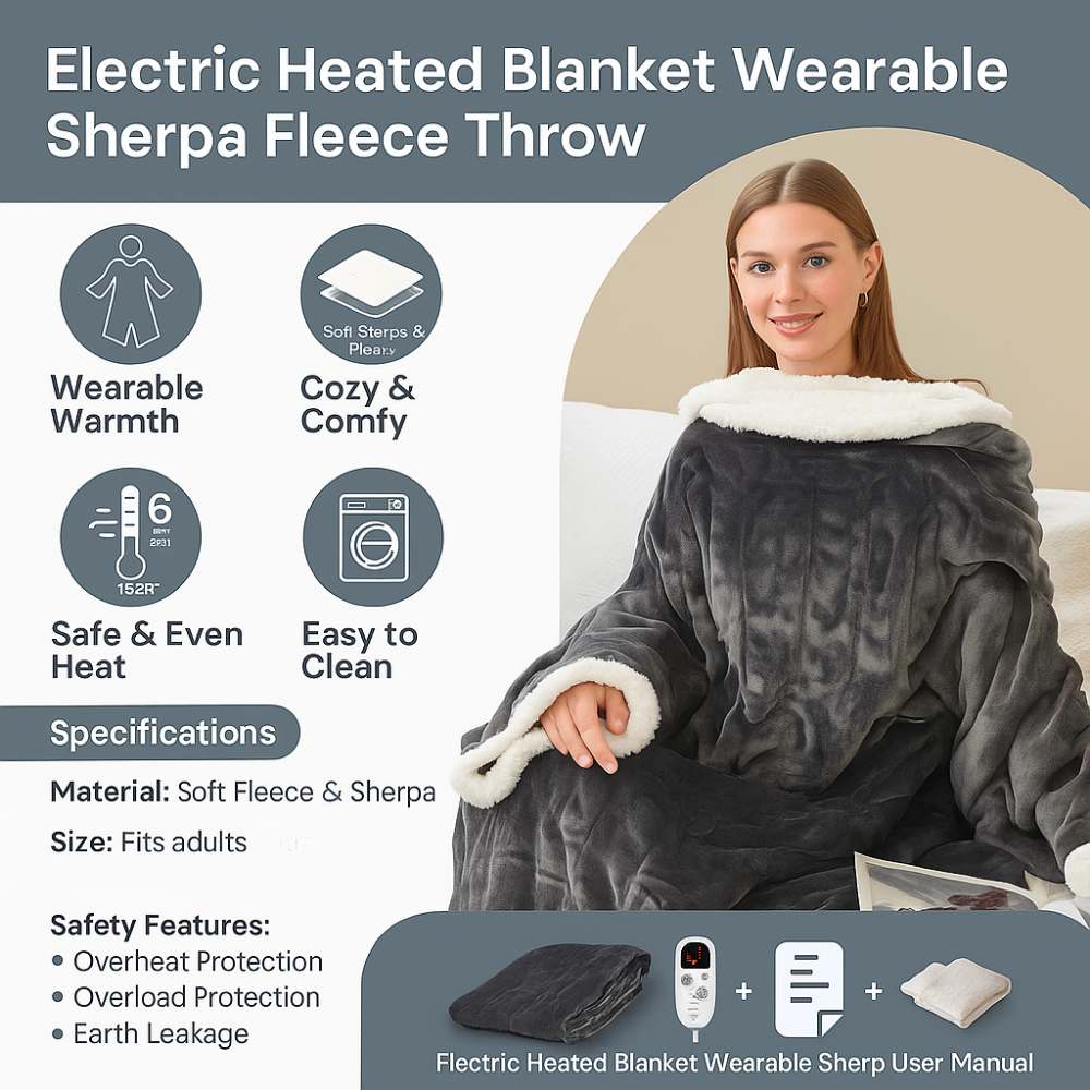 Wearable Electric Heated Blanket with Sherpa Fleece Lining, Sleeves & 6 Heat Settings — photo 7