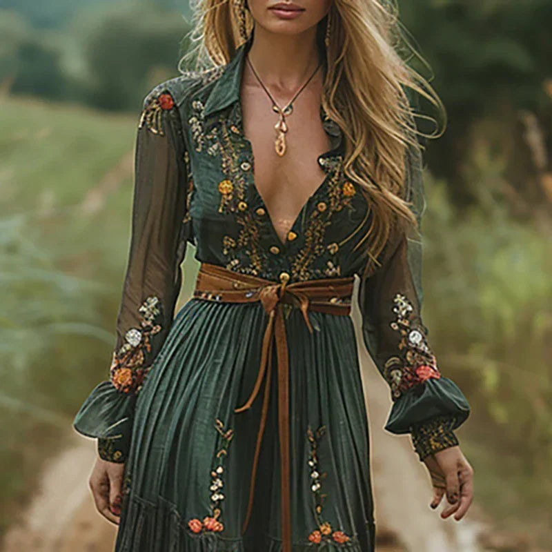 Women's Embroidered Boho Maxi Dress with Sheer Sleeves for Evening — photo 3