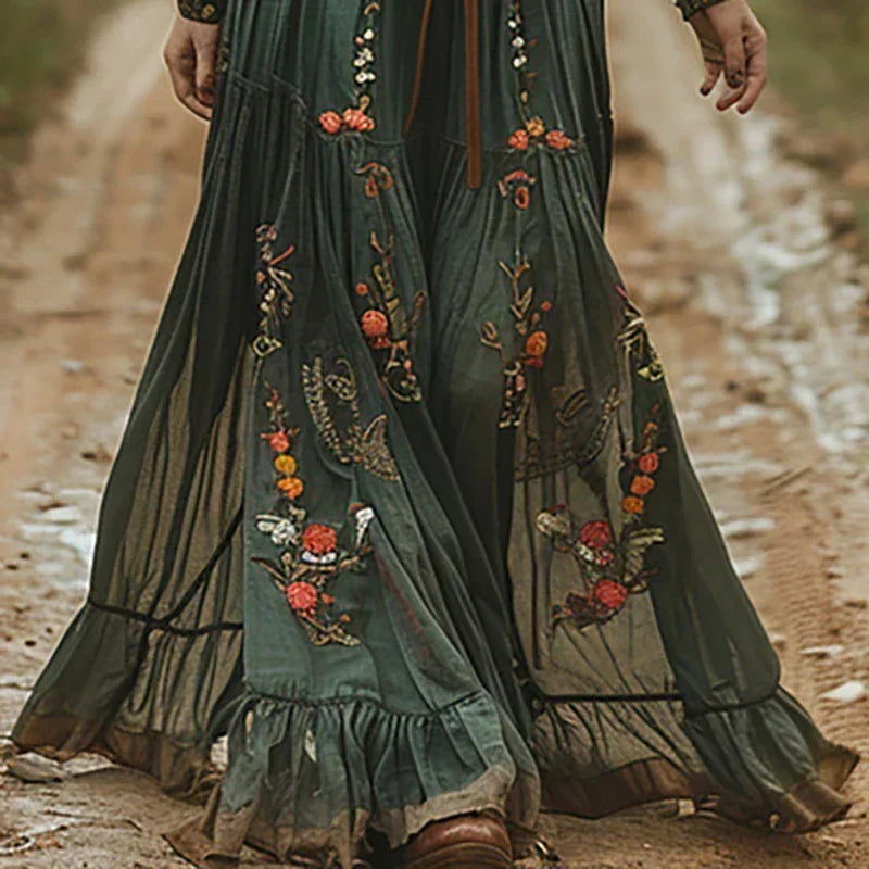 Women's Embroidered Boho Maxi Dress with Sheer Sleeves for Evening — photo 2
