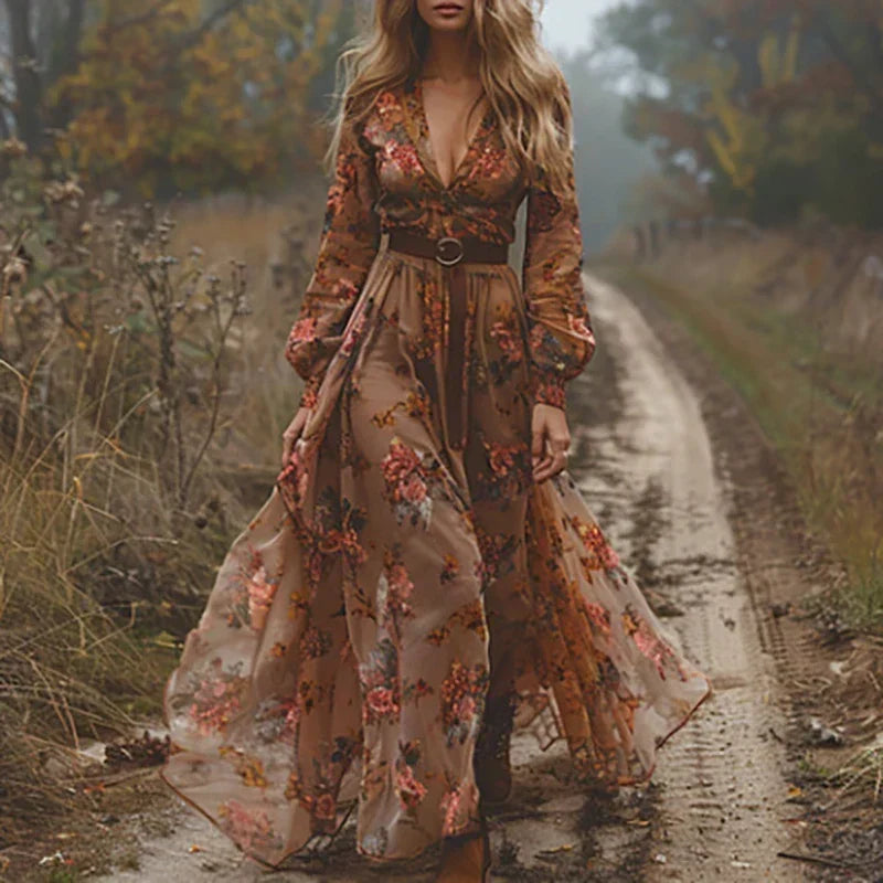 Women's Embroidered Boho Maxi Dress with Sheer Sleeves for Evening — photo 4