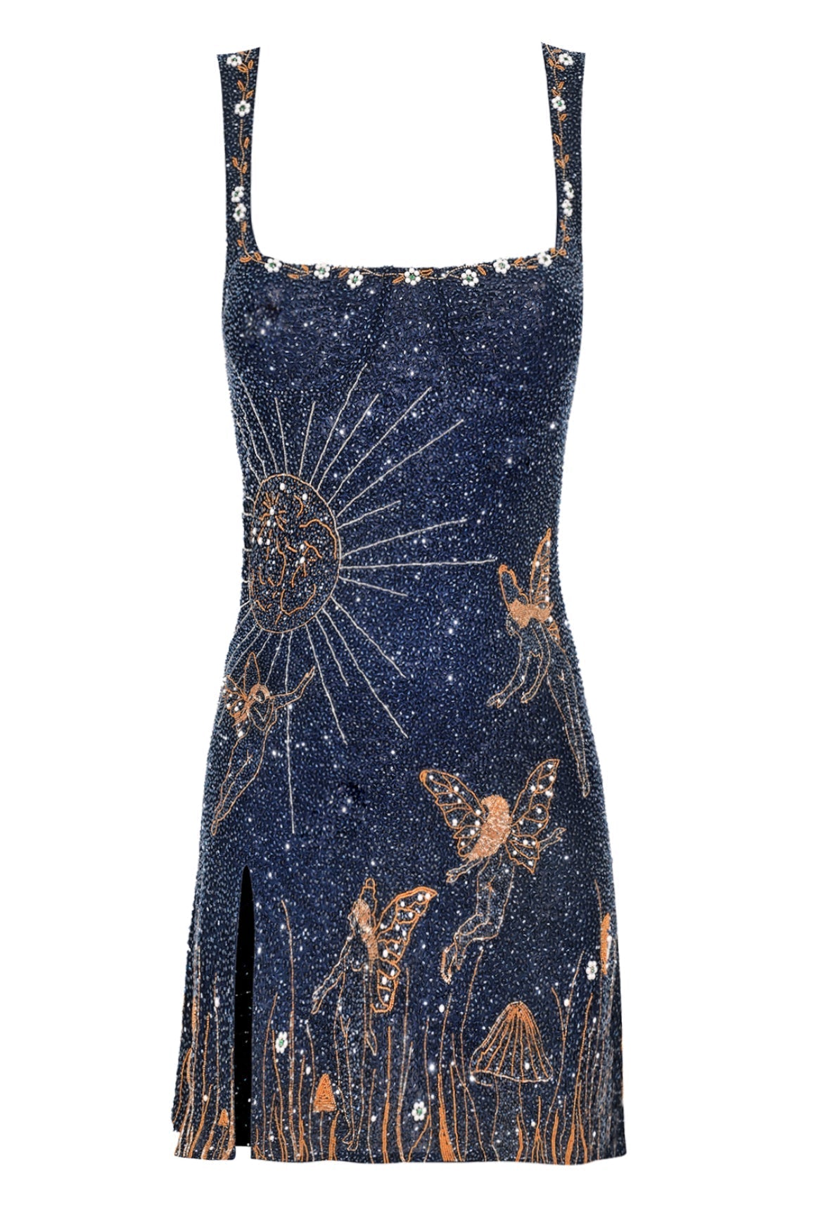 Midnight Blue Beaded Mini Dress with Gold Night-Sky Details — photo 5