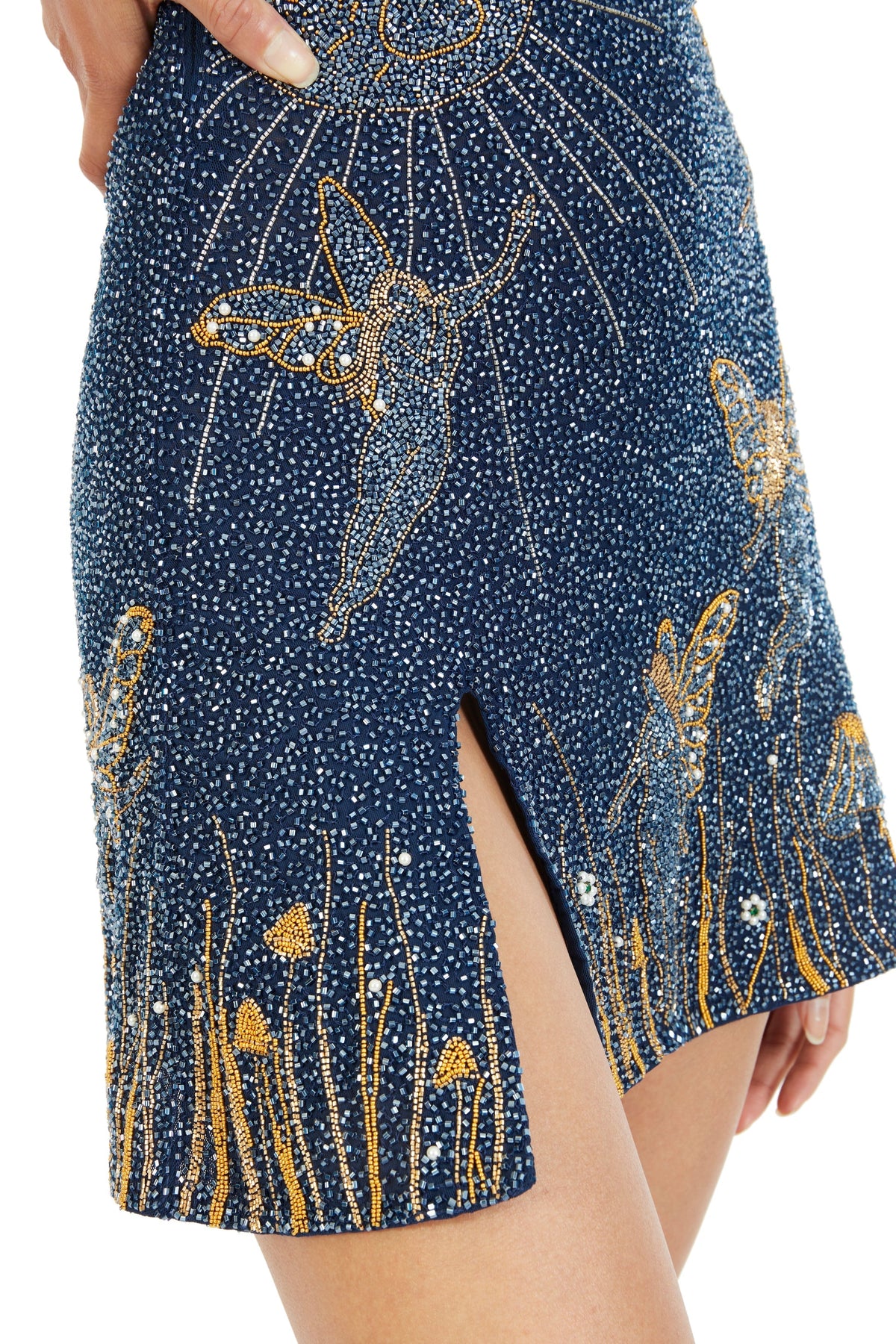 Midnight Blue Beaded Mini Dress with Gold Night-Sky Details — photo 4