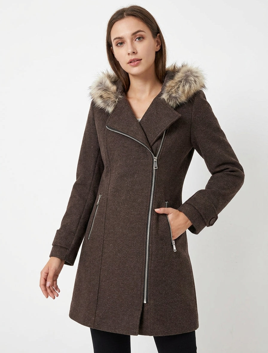Nordspur | Long Hooded Coat with Fur - Chocolate — photo 4