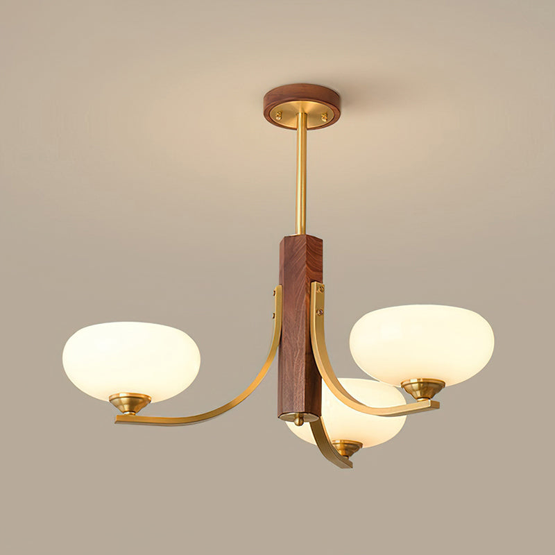 Three-Arm Walnut & Brass Glass Shade Chandelier — photo 1