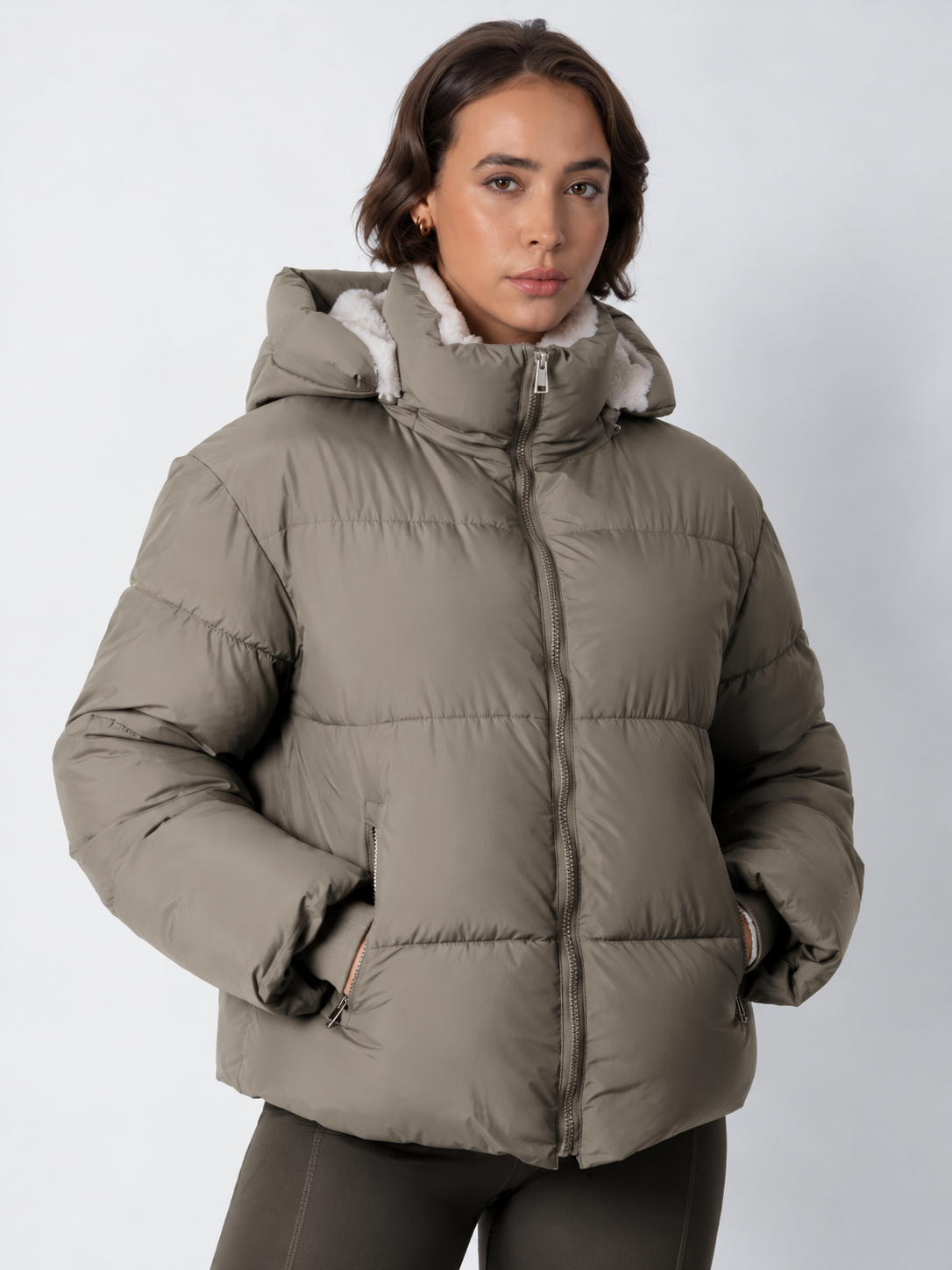 Women's Cropped Padded Puffer Jacket with Detachable Hood and Fleece Lining — photo 18