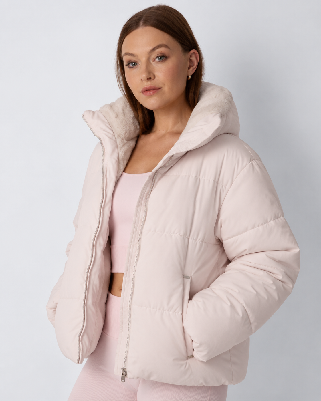 Women's Cropped Padded Puffer Jacket with Detachable Hood and Fleece Lining — photo 7