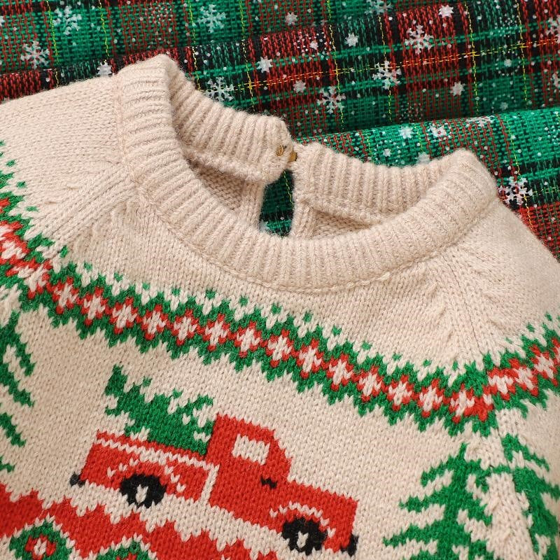 Baby Boy Christmas Sweater – Khaki Reindeer and Christmas Tree Knit Pullover — photo 4