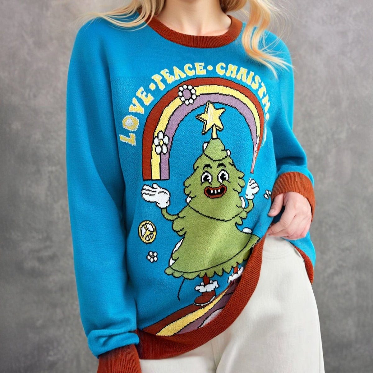 Funny Christmas Tree Sweater – Peacock Blue Cartoon Tree Graphic Pullover — photo 1