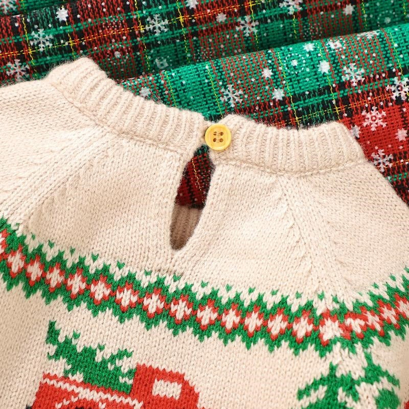 Baby Boy Christmas Sweater – Khaki Reindeer and Christmas Tree Knit Pullover — photo 3