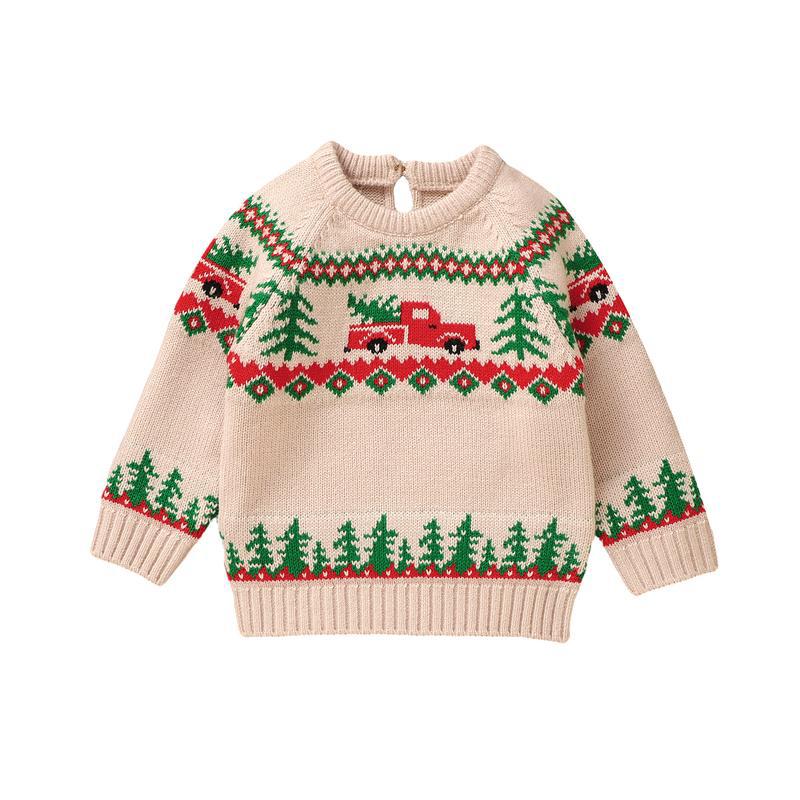 Baby Boy Christmas Sweater – Khaki Reindeer and Christmas Tree Knit Pullover — photo 1