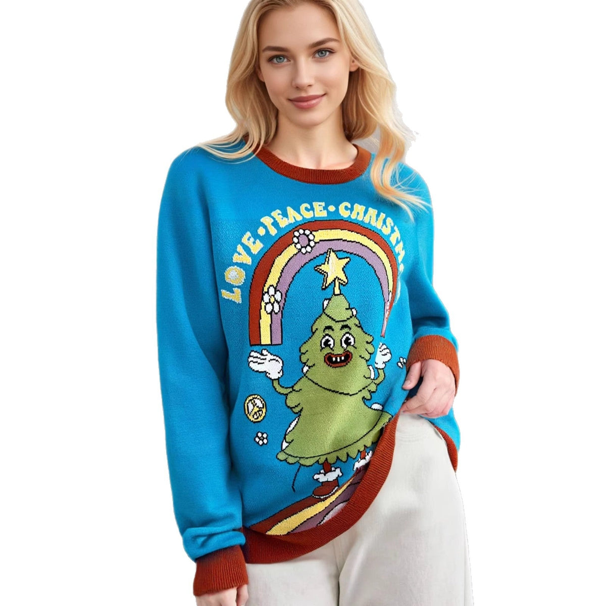 Funny Christmas Tree Sweater – Peacock Blue Cartoon Tree Graphic Pullover — photo 2