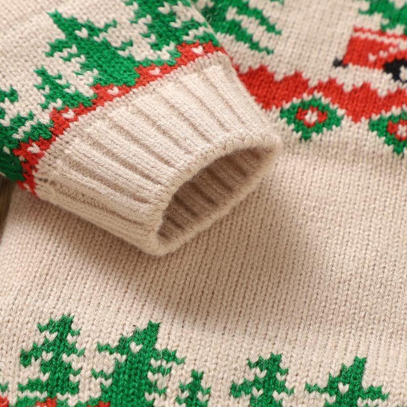 Baby Boy Christmas Sweater – Khaki Reindeer and Christmas Tree Knit Pullover — photo 2