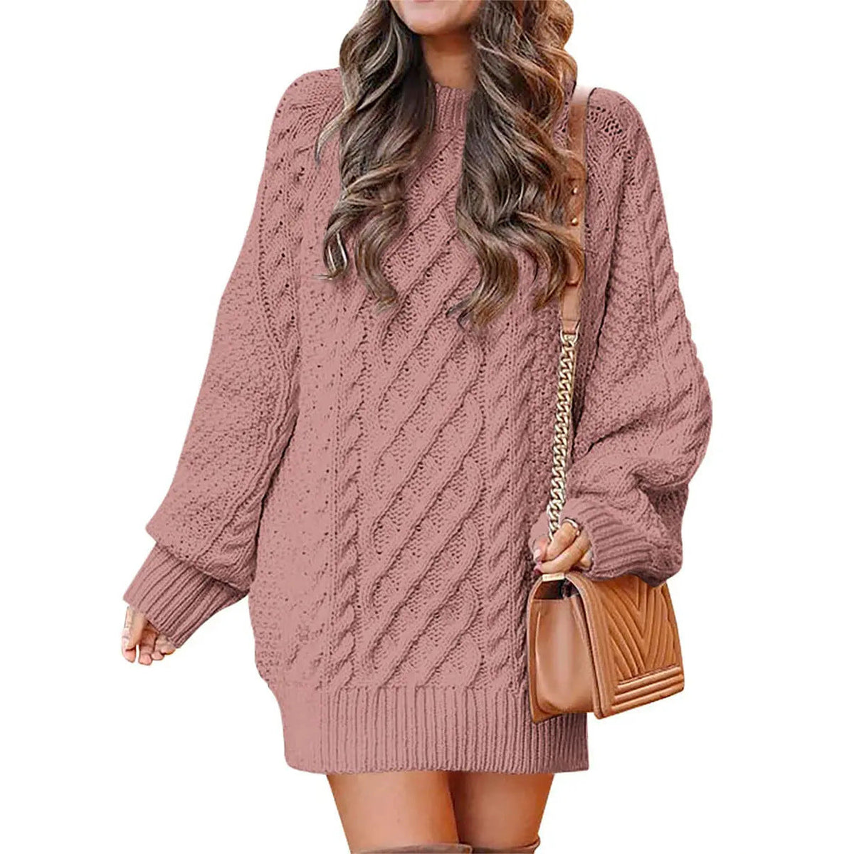 Women's Cable Knit Sweater Dress – Long Sleeve Oversized Knit Mini Dress — photo 7