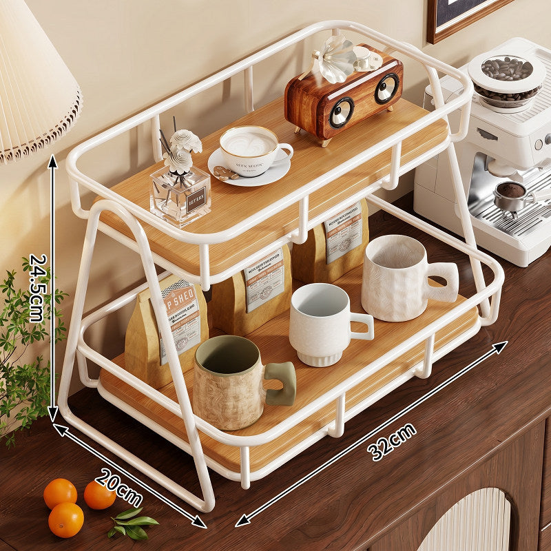 Two Tier Wood-Top Metal Countertop Kitchen Organiser Rack — photo 1