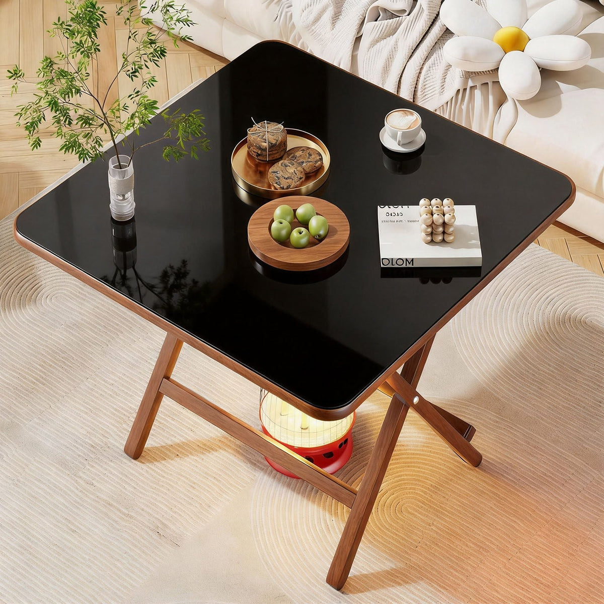Marble-Effect Folding Square Coffee Table with X-Frame Metal Legs — photo 1