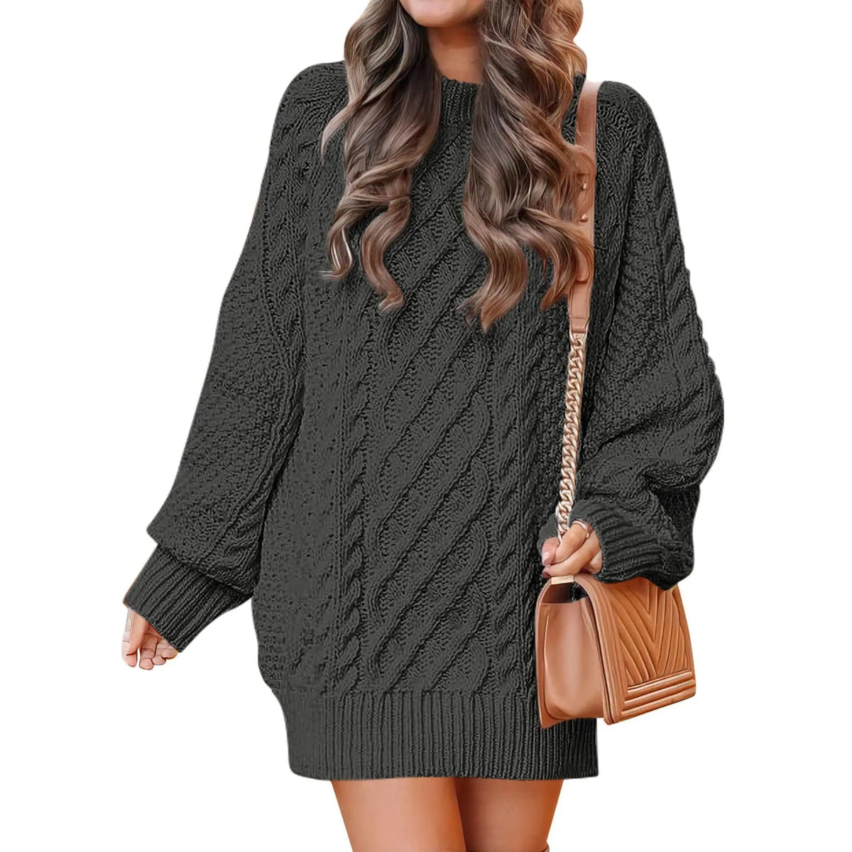 Women's Cable Knit Sweater Dress – Long Sleeve Oversized Knit Mini Dress — photo 9