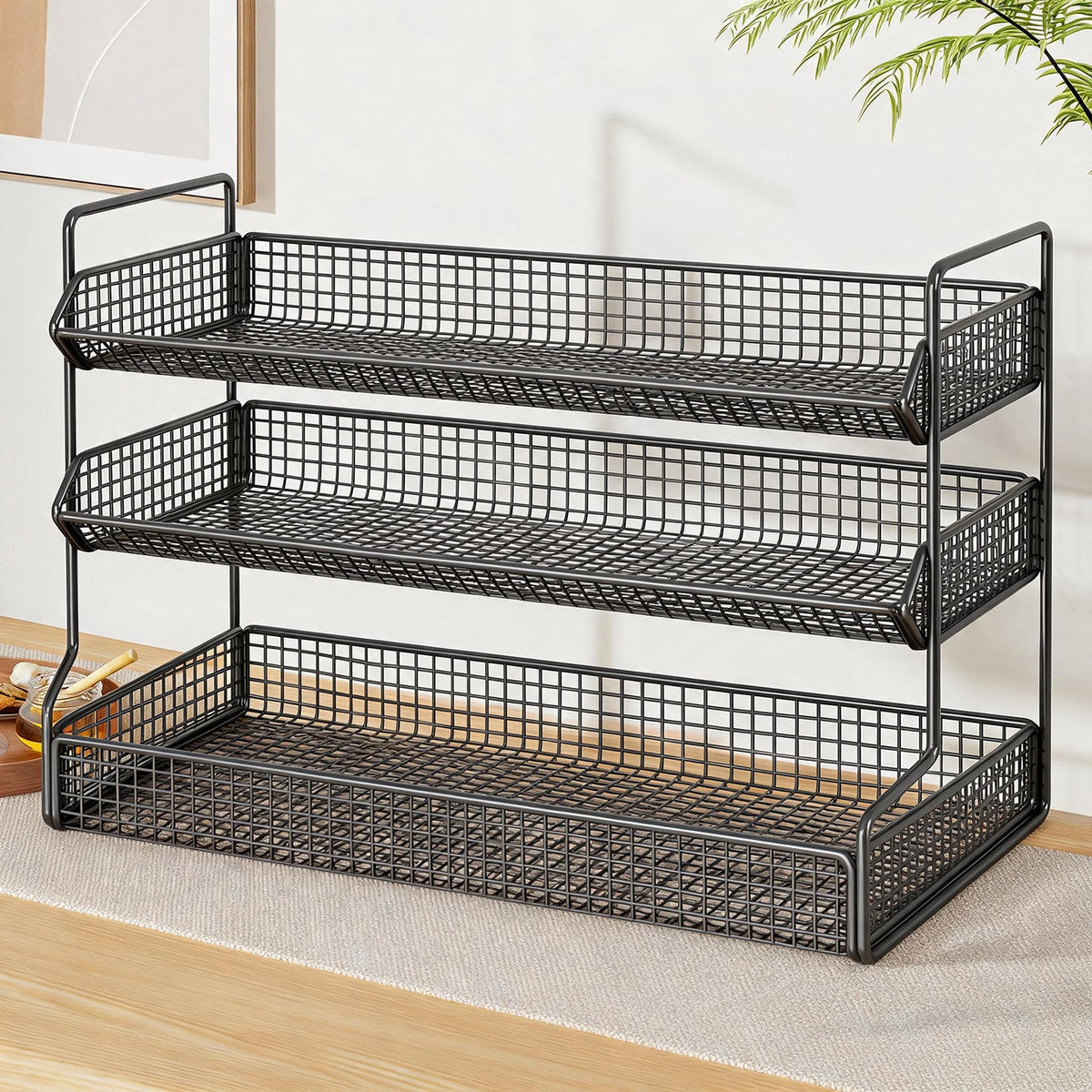 Three-Tier Mesh Countertop Pantry Organizer with Deep Basket Shelves and Space-Saving Design — photo 1