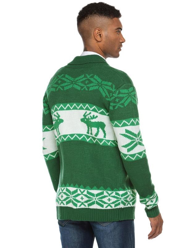 Men's Christmas Cardigan – Green Reindeer Knit Sweater with Button Front — photo 3