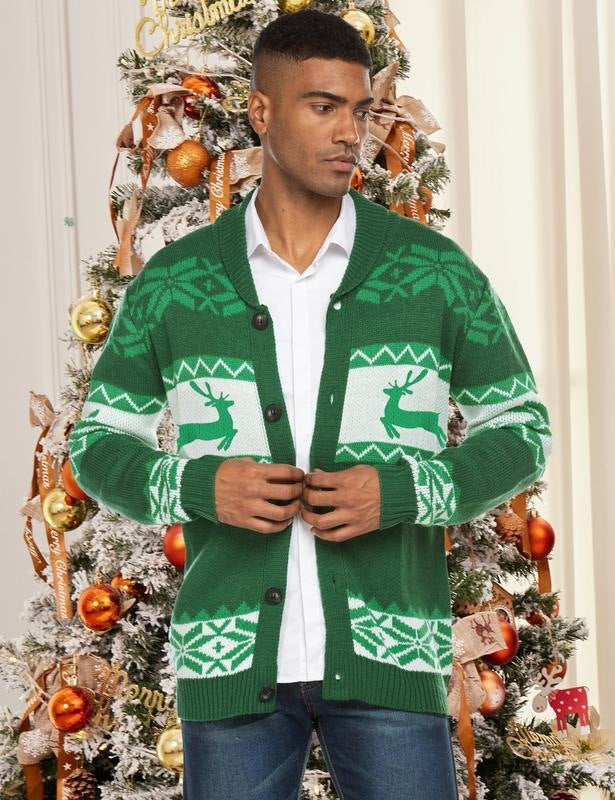 Men's Christmas Cardigan – Green Reindeer Knit Sweater with Button Front — photo 2