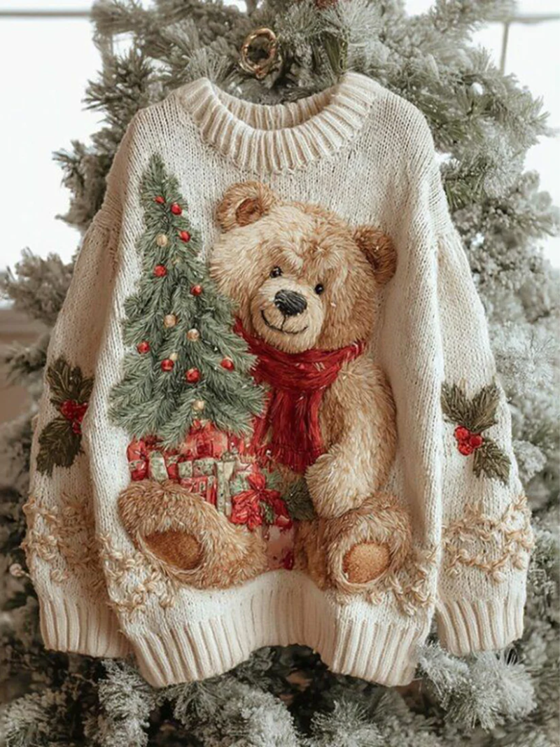 Women's Knitted Christmas Sweater with Festive Bear Motif | Warm Holiday Jumper | Plus Size Festive Winter Knitwear — photo 1