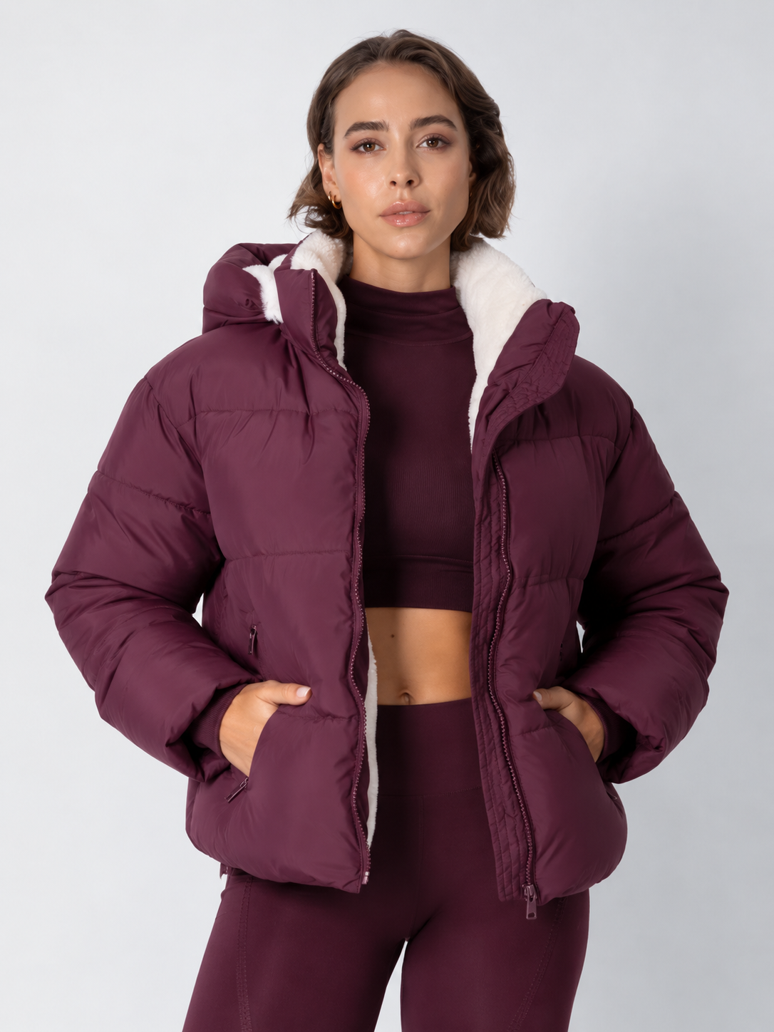 Women's Cropped Padded Puffer Jacket with Detachable Hood and Fleece Lining — photo 16