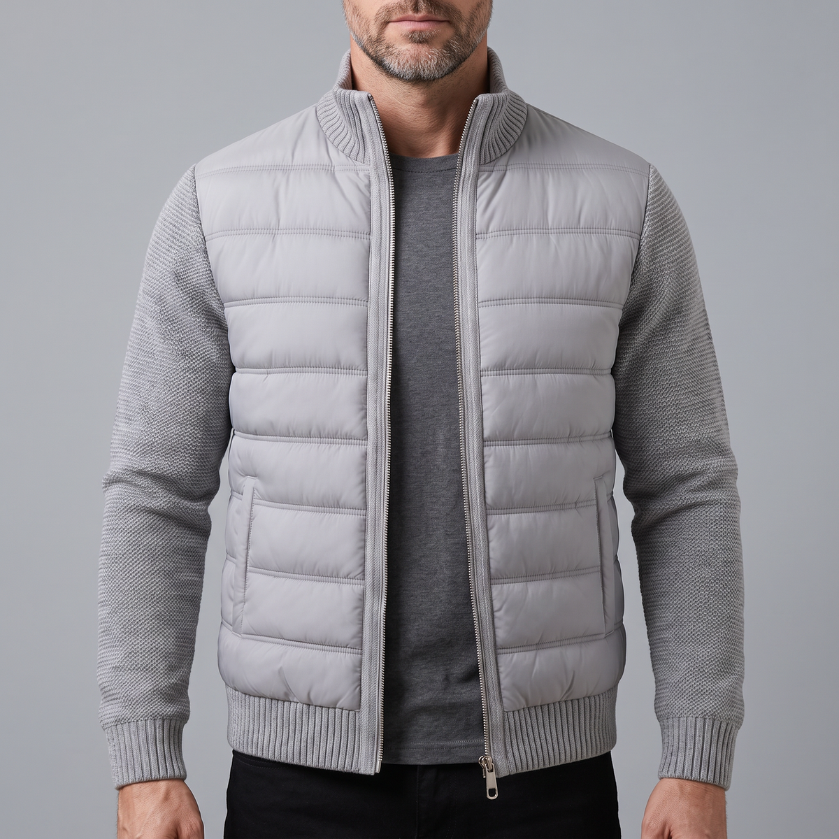 Men's Puffer Jacket with Fleece Sleeves, Fitted Cut and Light Insulation — photo 1