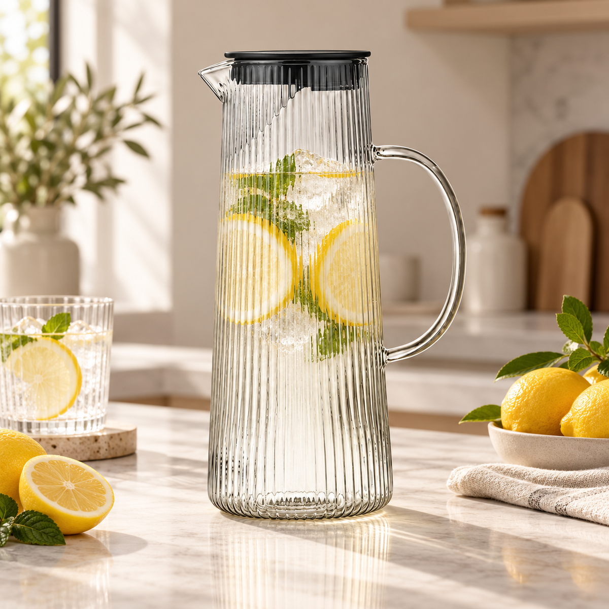 Ribbed Design Glass Pitcher for Lemonade - Handcrafted — photo 1