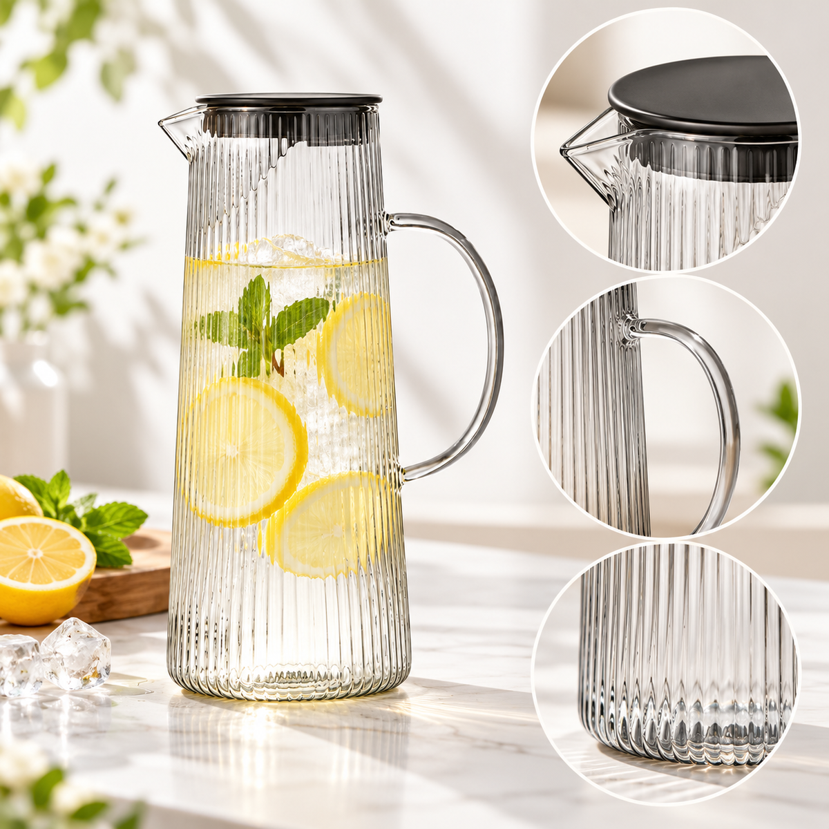 Ribbed Design Glass Pitcher for Lemonade - Handcrafted — photo 4