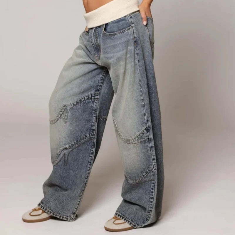 Baggy Low Rise Panelled Faded Wide Leg Jeans — photo 2