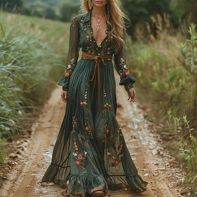 Women's Embroidered Boho Maxi Dress with Sheer Sleeves for Evening — photo 1