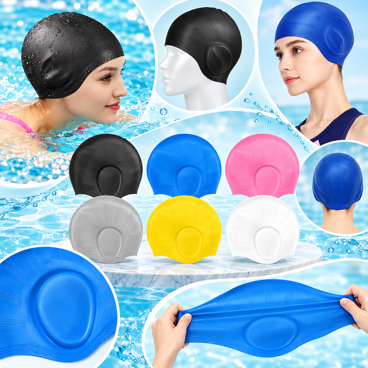 Silicone Swim Cap with Ear Protection for Long Hair Training — photo 9