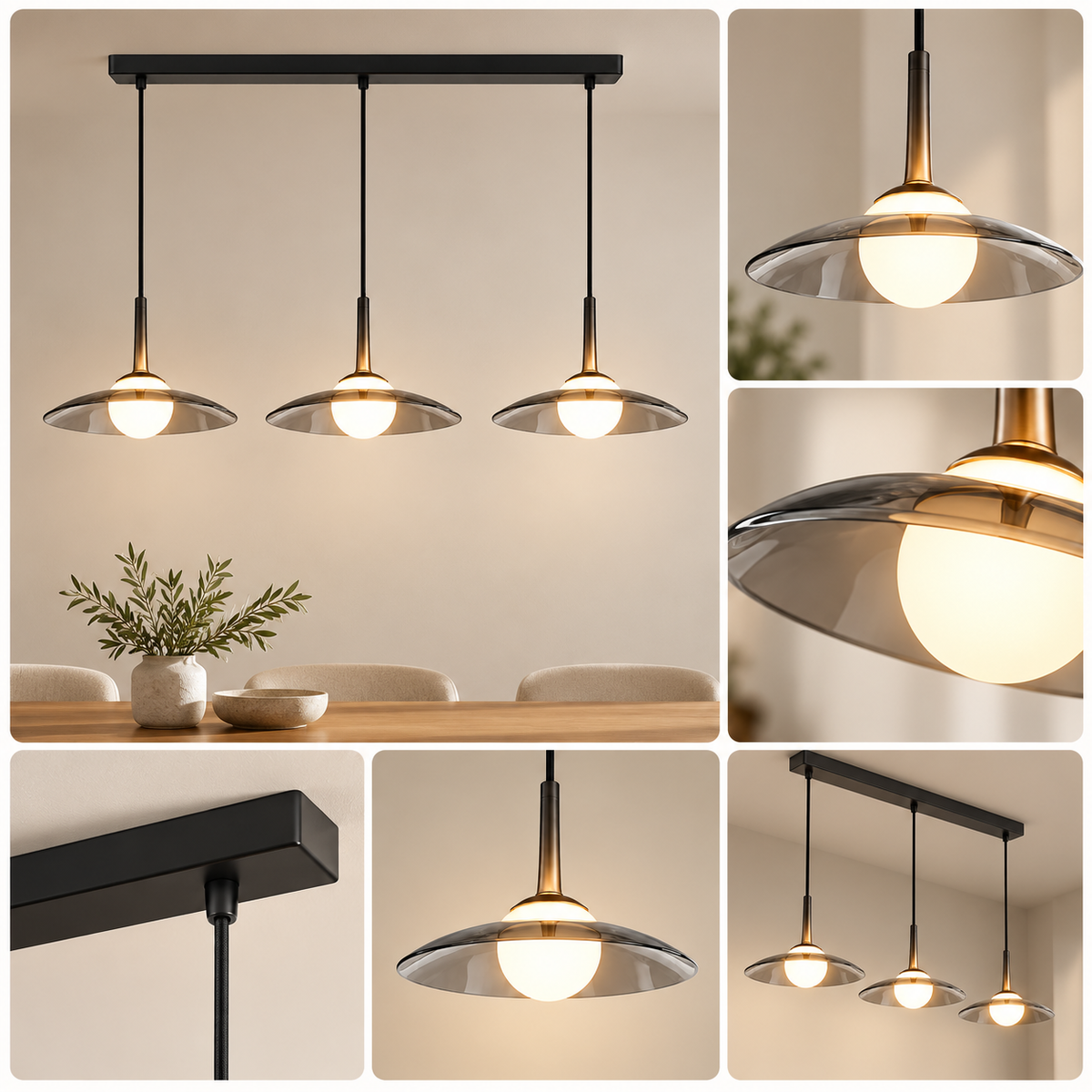 Smoky Glass LED Pendant Light Dimmable Dome Modern — photo 3