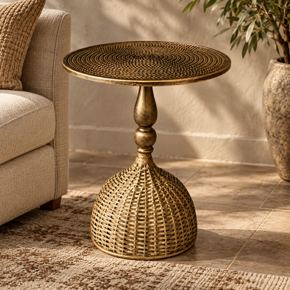 Woven Metal Side Table Decorative Accent Round Openwork — photo 1