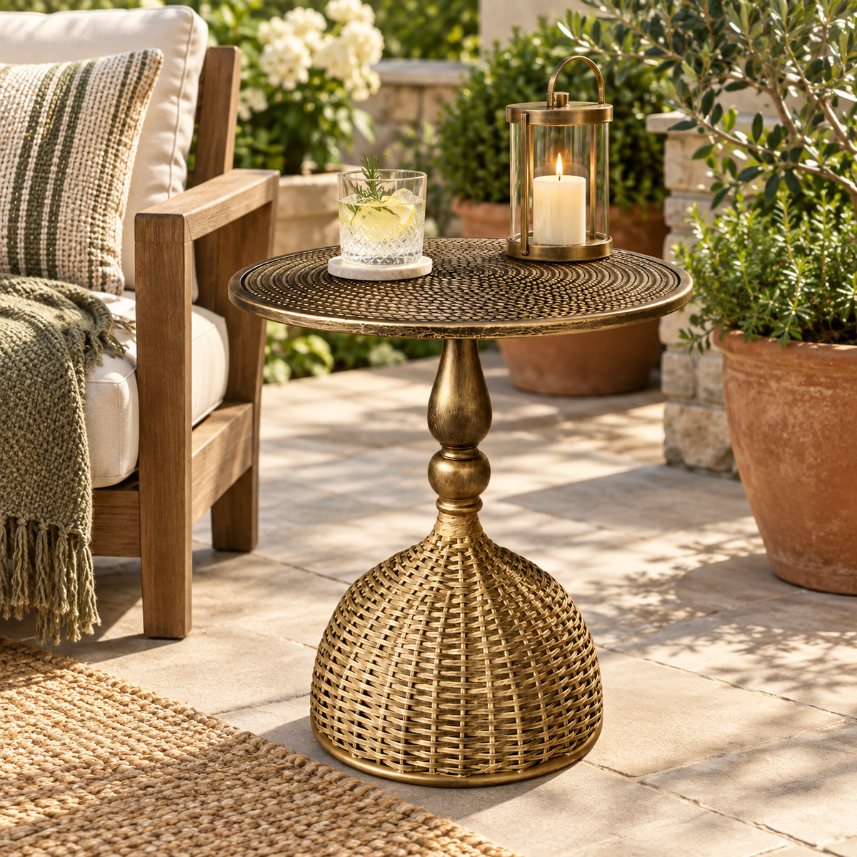 Woven Metal Side Table Decorative Accent Round Openwork — photo 2