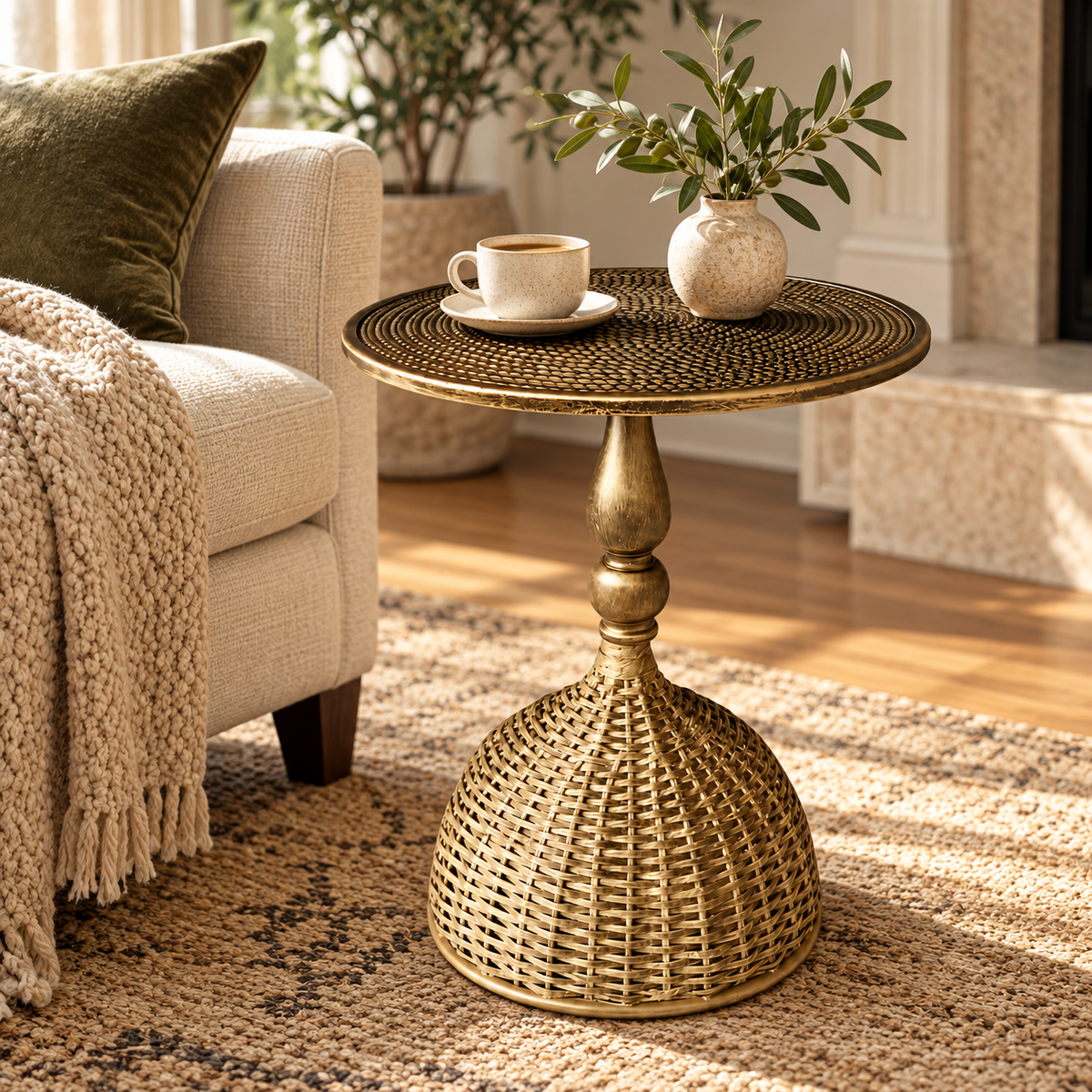 Woven Metal Side Table Decorative Accent Round Openwork — photo 5