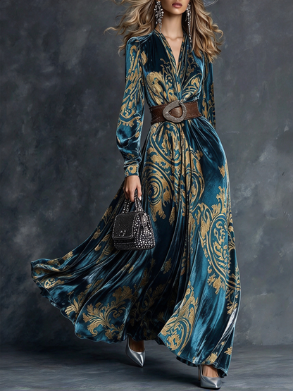 Nordspur | Teal Blue & Gold Baroque Print Maxi Dress — photo 1