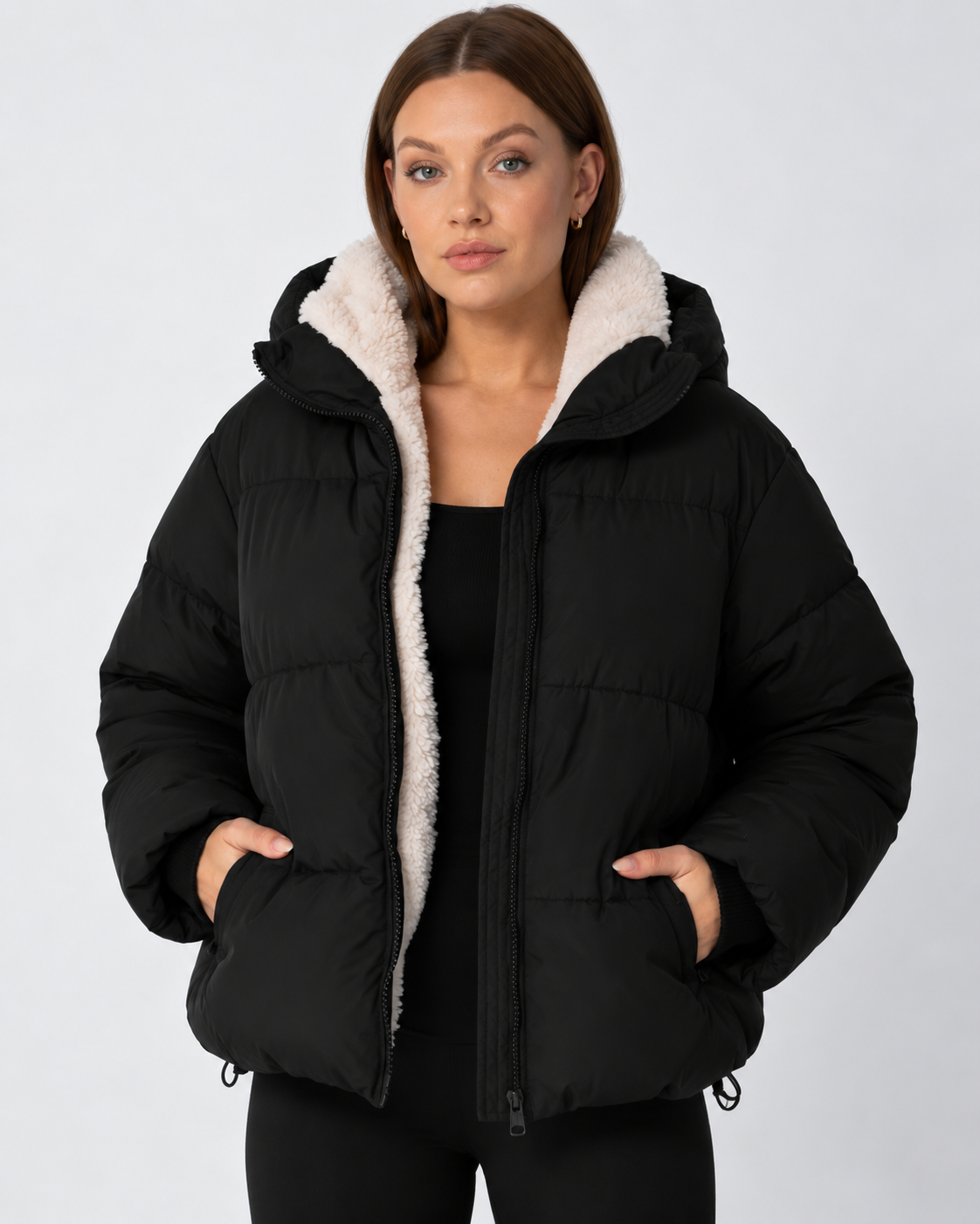 Women's Cropped Padded Puffer Jacket with Detachable Hood and Fleece Lining — photo 11