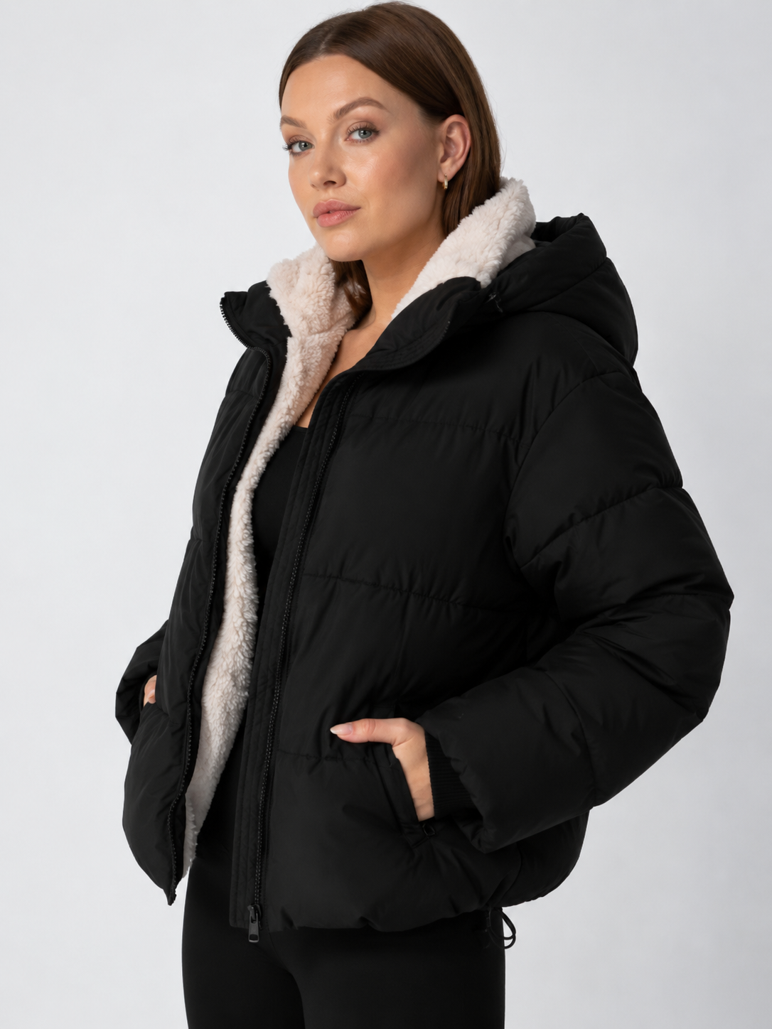 Women's Cropped Padded Puffer Jacket with Detachable Hood and Fleece Lining — photo 12
