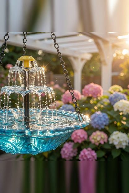 Hanging Bird Bath with Solar Fountain – Glass Bowl on a Chain — photo 2