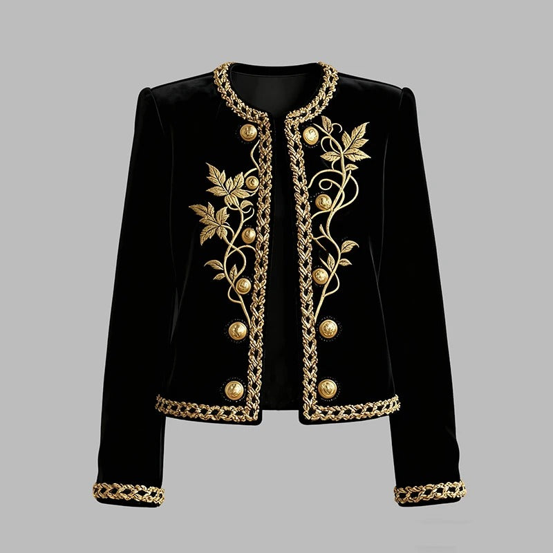 Women's Black Velvet Jacket – Gold Floral Embroidered Long Sleeve Button-Up Coat — photo 5