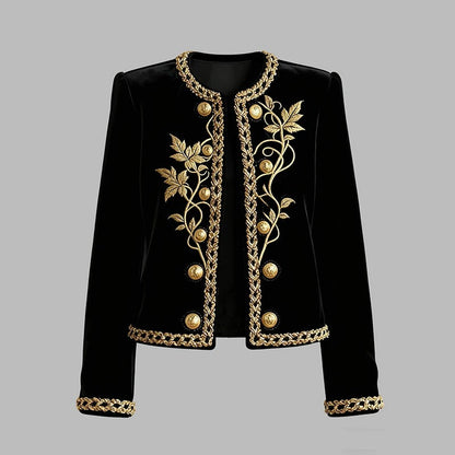Women's Black Velvet Jacket – Gold Floral Embroidered Long Sleeve Button-Up Coat — photo 5