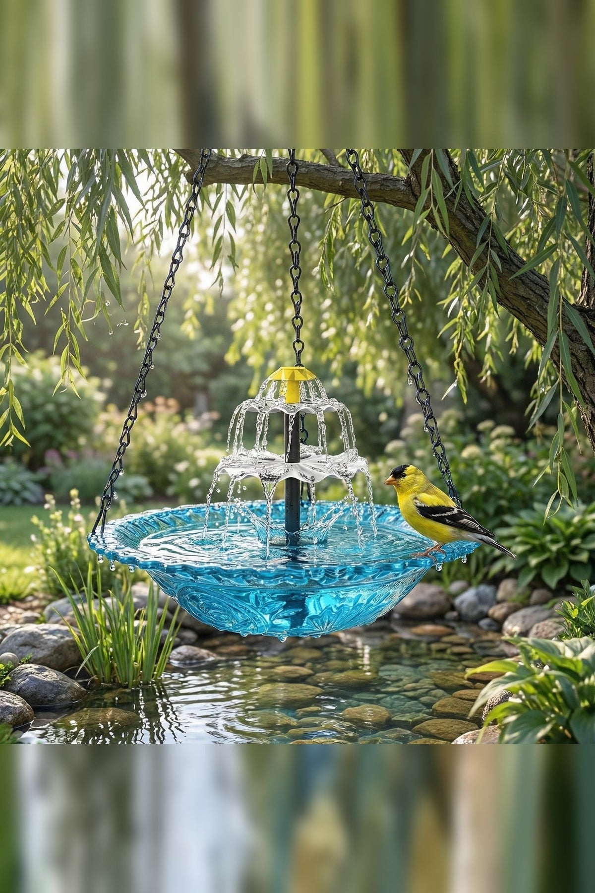 Hanging Bird Bath with Solar Fountain – Glass Bowl on a Chain — photo 6