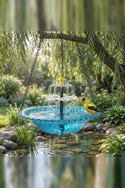 Hanging Bird Bath with Solar Fountain – Glass Bowl on a Chain — photo 6