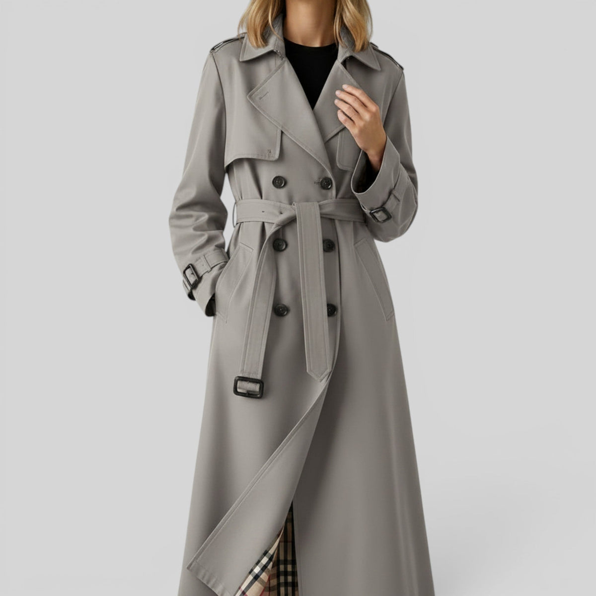 Double Breasted Belted Maxi Trench Coat with Storm Flap — photo 2