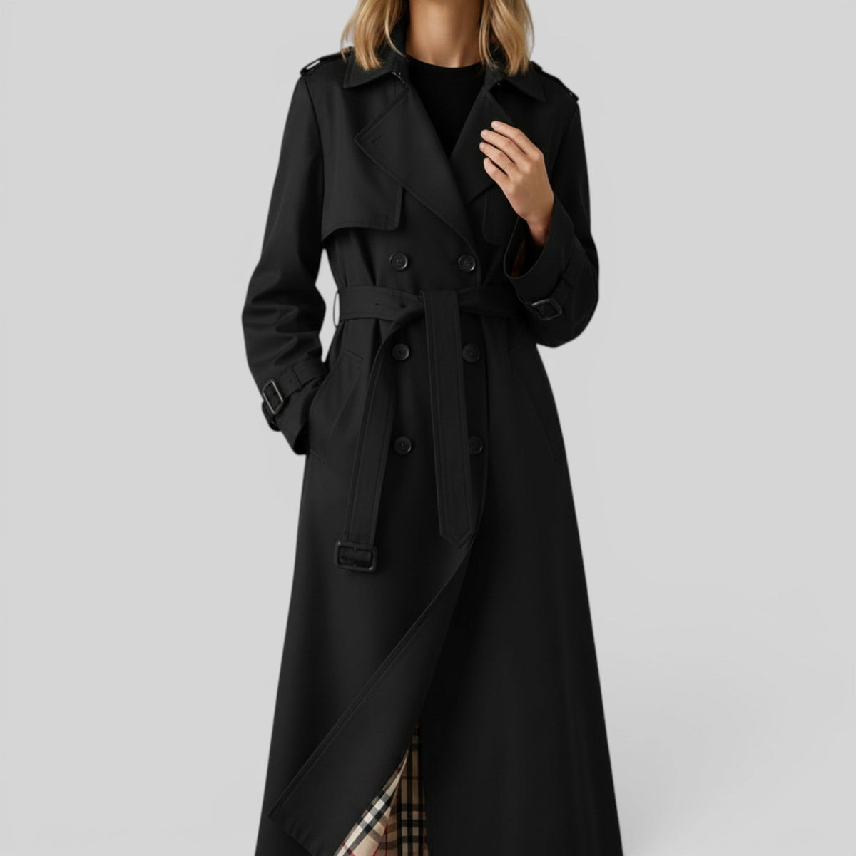 Double Breasted Belted Maxi Trench Coat with Storm Flap — photo 3