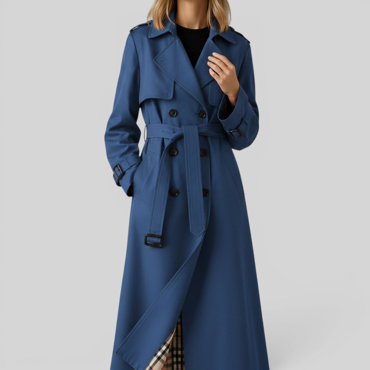Double Breasted Belted Maxi Trench Coat with Storm Flap — photo 4