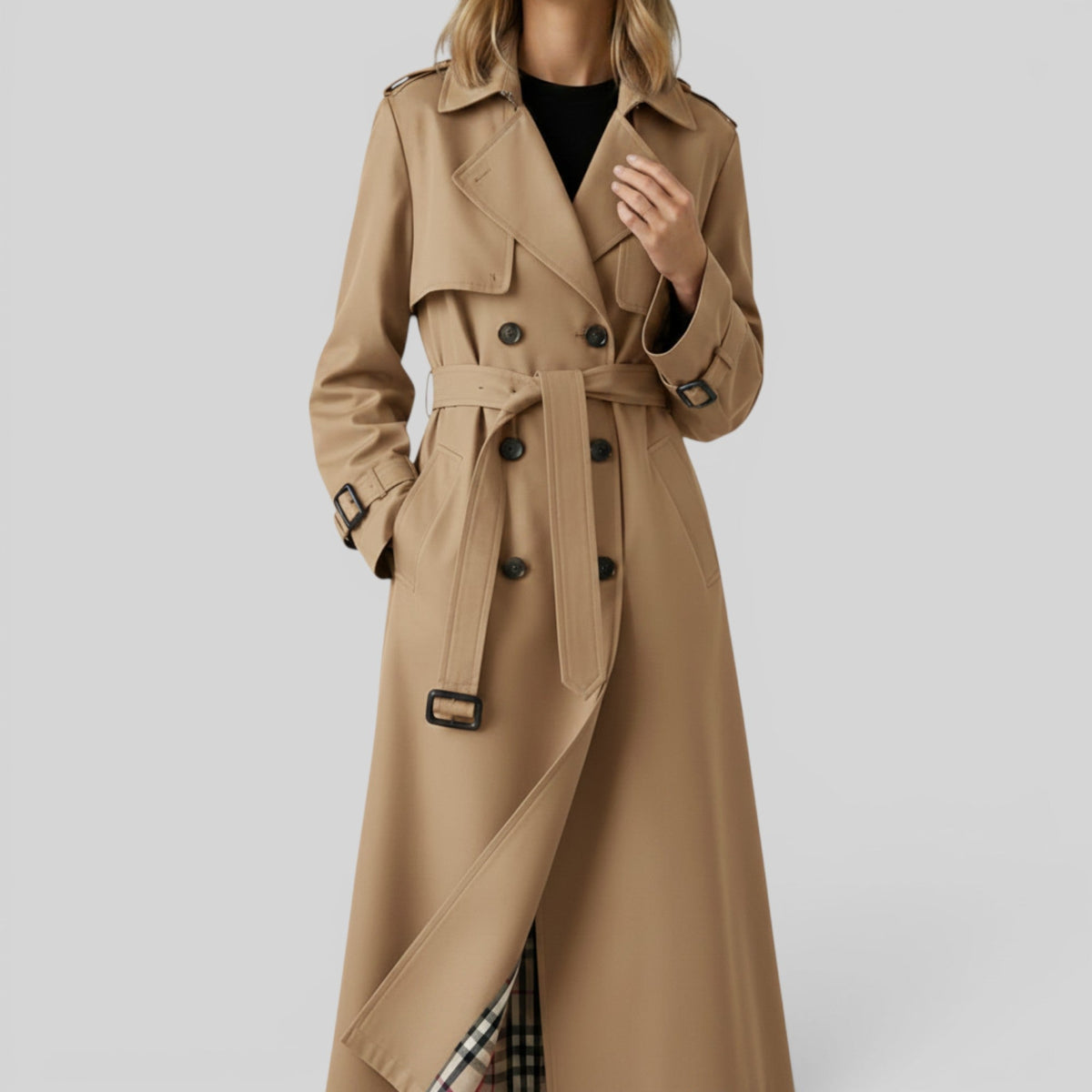 Double Breasted Belted Maxi Trench Coat with Storm Flap — photo 1