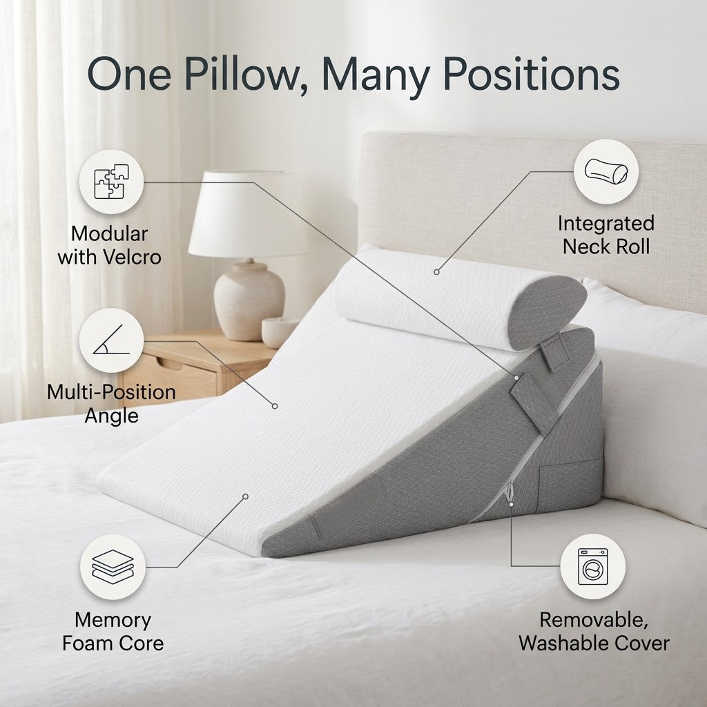 Adjustable Wedge Pillow with Neck Roll and Memory Foam, 56 × 56 cm — photo 9