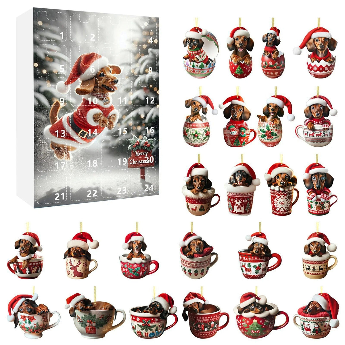 2026 Christmas 24 Day Advent Calendar 2D Acrylic Dachshund Christmas Tree Hanging Ornament — photo 3